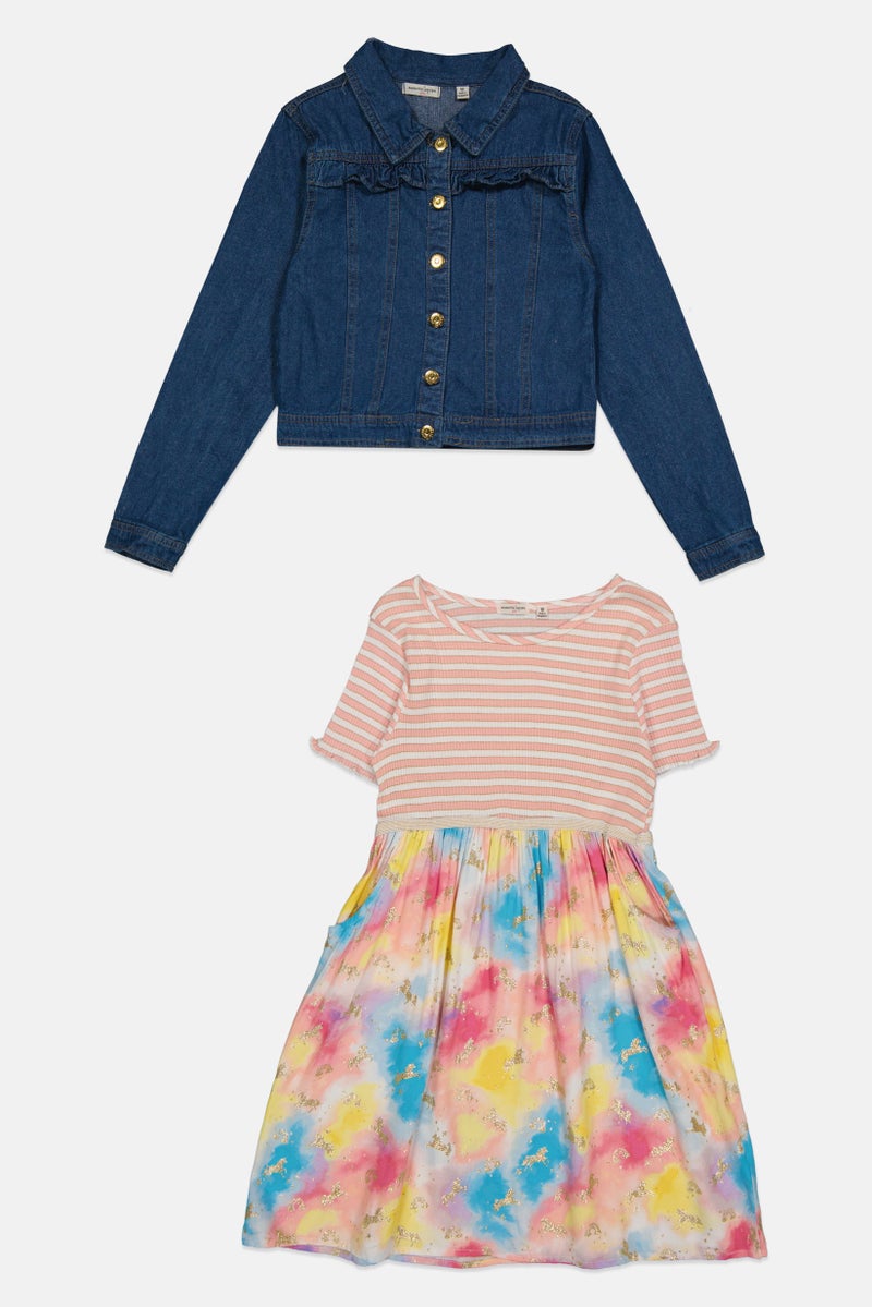 Nanette lepore Kids Girl 2 Pcs Printed Dress And Denim Jacket Set, Multicolor - Image 4